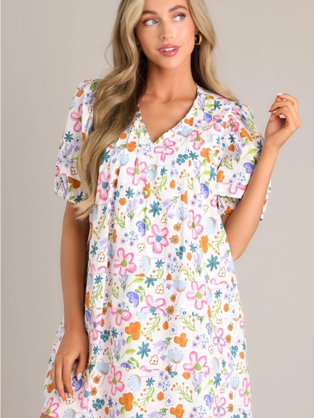 entro White Floral Print V-Neck Puff Sleeve Dress